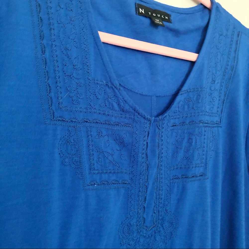 Blue Embroidered Front Top Fall Blouse 1x - Picture 3 of 4